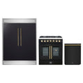 Forno 3-Piece Appliance Package - 30-Inch Galiano French Door Dual Fuel Range, 60-Inch Refrigerator, and Dishwasher in Black with Antique Brass Trim