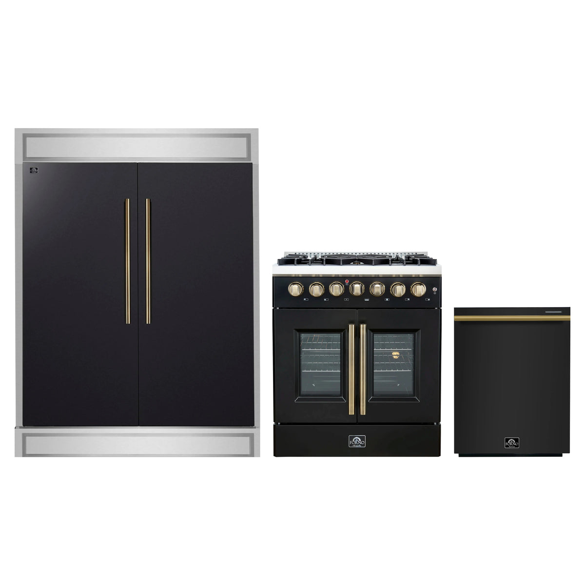 Forno 3-Piece Appliance Package - 30-Inch Galiano French Door Dual Fuel Range, 60-Inch Refrigerator, and Dishwasher in Black with Antique Brass Trim