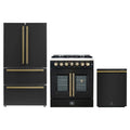 Forno 3-Piece Appliance Package - 30-Inch Galiano French Door Dual Fuel Range, 36-Inch Refrigerator, and Dishwasher in Black with Antique Brass Trim