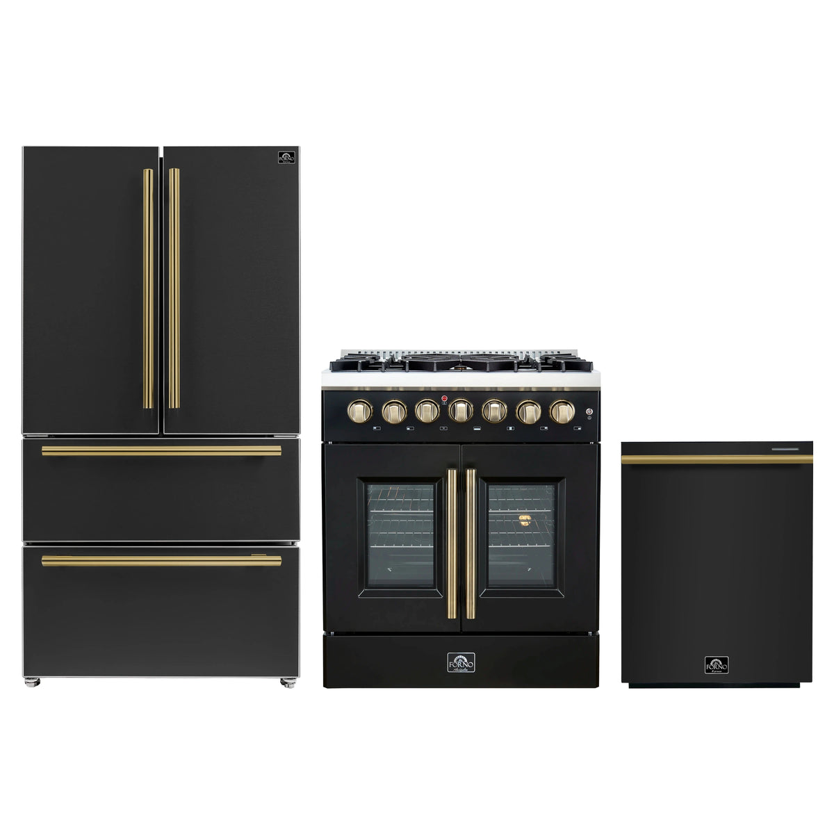 Forno 3-Piece Appliance Package - 30-Inch Galiano French Door Dual Fuel Range, 36-Inch Refrigerator, and Dishwasher in Black with Antique Brass Trim