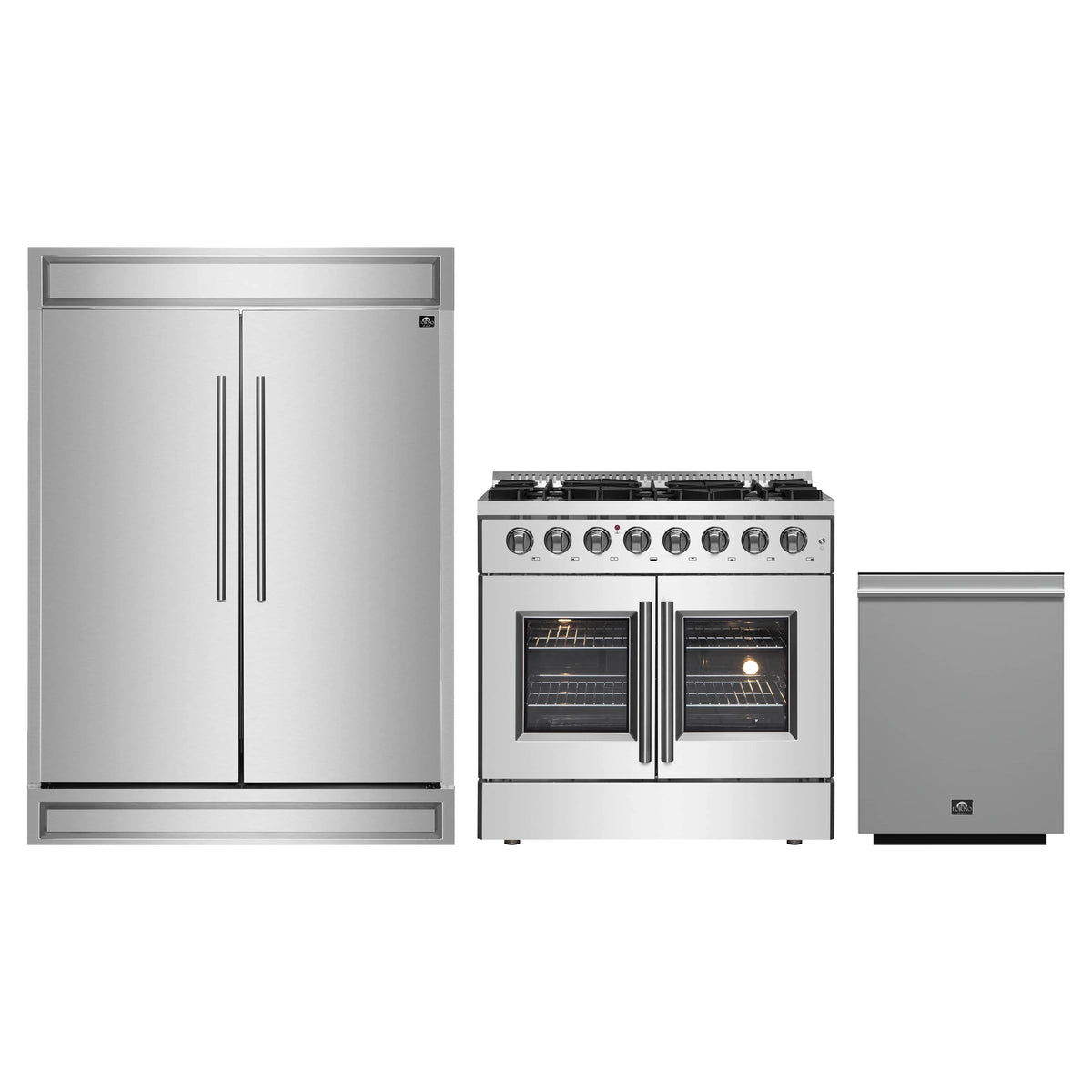 Forno 3-Piece Appliance Package - 36-Inch Galiano French Door Dual Fuel Range, 60-Inch Refrigerator, and Dishwasher in Stainless Steel