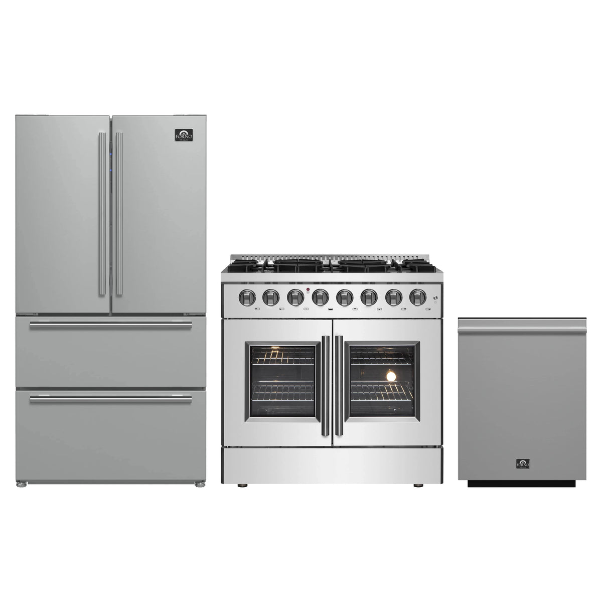 Forno 3-Piece Appliance Package - 36-Inch Galiano French Door Dual Fuel Range, 36-Inch Refrigerator, and Dishwasher in Stainless Steel