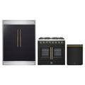 Forno 3-Piece Appliance Package - 36-Inch Galiano French Door Dual Fuel Range, 60-Inch Refrigerator, and Dishwasher in Black with Antique Brass Trim