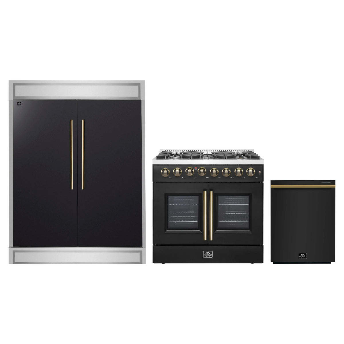 Forno 3-Piece Appliance Package - 36-Inch Galiano French Door Dual Fuel Range, 60-Inch Refrigerator, and Dishwasher in Black with Antique Brass Trim