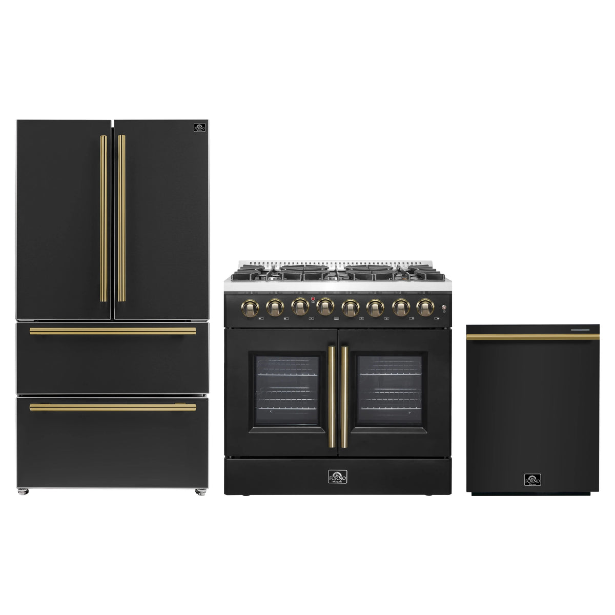 Forno 3-Piece Appliance Package - 36-Inch Galiano French Door Dual Fuel Range, 36-Inch Refrigerator, and Dishwasher in Black with Antique Brass Trim