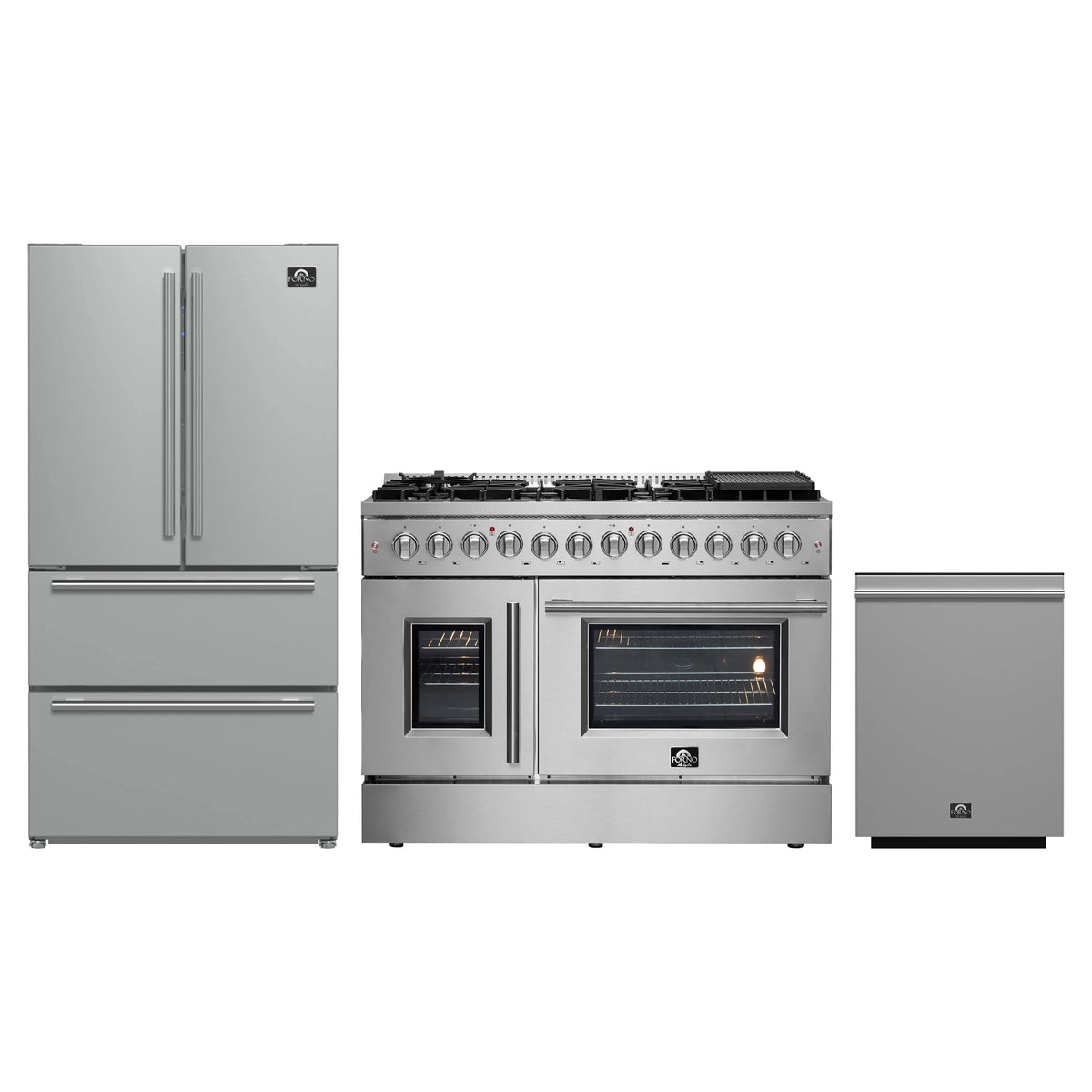 Forno 3-Piece Appliance Package - 48-Inch Galiano French Door Dual Fuel Range, 36-Inch Refrigerator, and Dishwasher in Stainless Steel