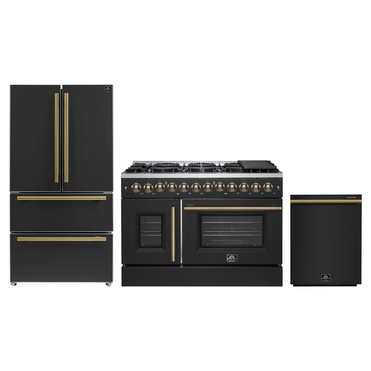 Forno 3-Piece Appliance Package - 48-Inch Galiano French Door Dual Fuel Range, 36-Inch Refrigerator, and Dishwasher in Black with Antique Brass Trim