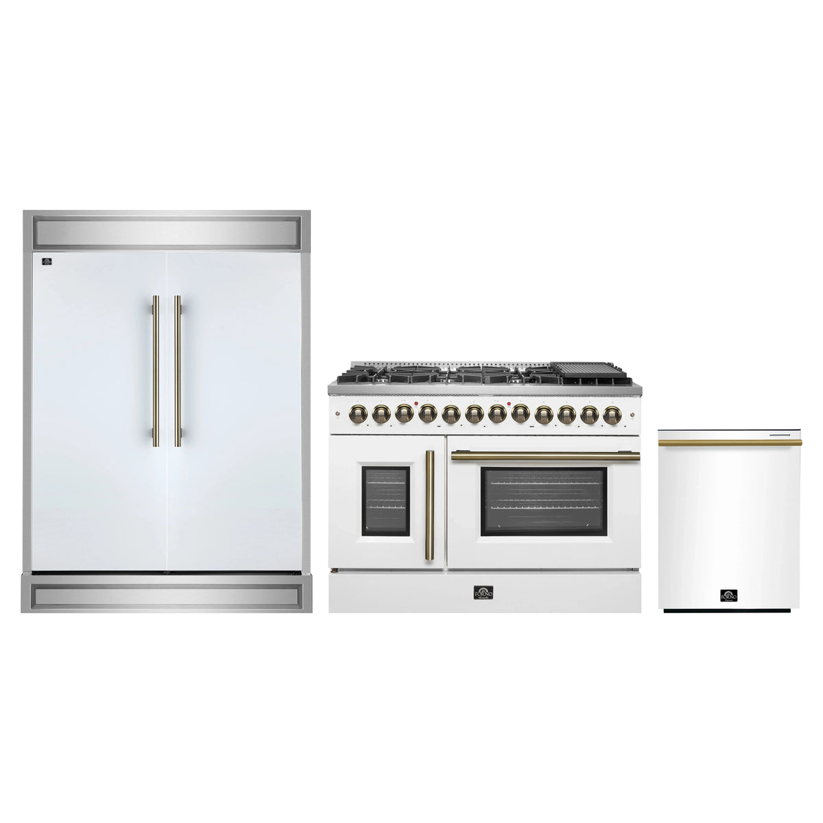 Forno 3-Piece Appliance Package - 48-Inch Galiano French Door Dual Fuel Range, 60-Inch Refrigerator, and Dishwasher in White with Antique Brass Trim