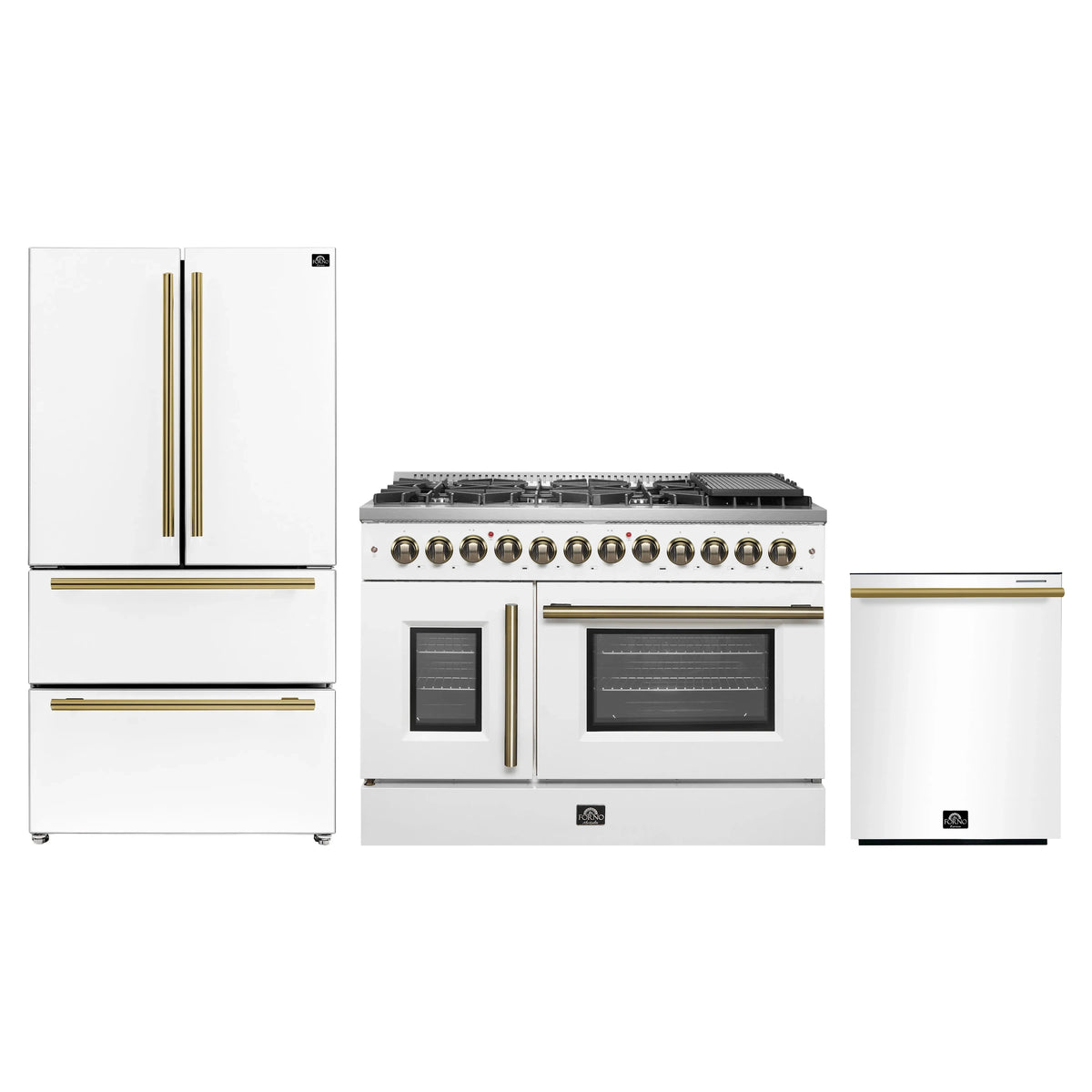 Forno 3-Piece Appliance Package - 48-Inch Galiano French Door Dual Fuel Range, 36-Inch Refrigerator, and Dishwasher in White with Antique Brass Trim