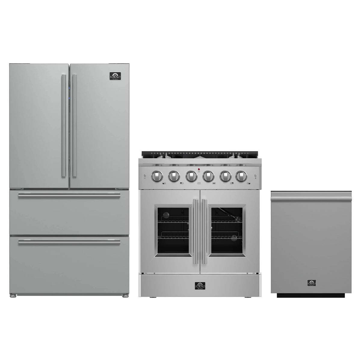 Forno 3-Piece Appliance Package - 30-Inch Galiano French Door Gas Range, 36-Inch Refrigerator, and Dishwasher in Stainless Steel