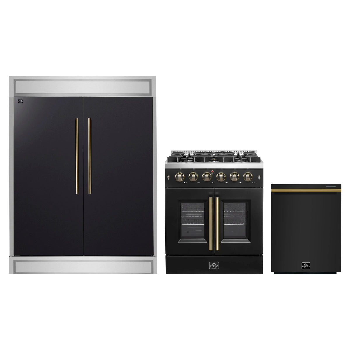 Forno 3-Piece Appliance Package - 30-Inch Galiano French Door Gas Range, 60-Inch Refrigerator, and Dishwasher in Black with Antique Brass Trim