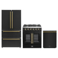 Forno 3-Piece Appliance Package - 30-Inch Galiano French Door Gas Range, 36-Inch Refrigerator, and Dishwasher in Black with Antique Brass Trim
