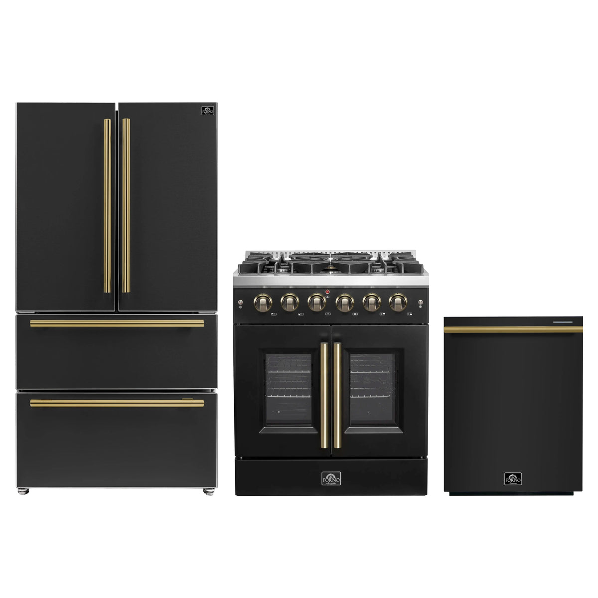 Forno 3-Piece Appliance Package - 30-Inch Galiano French Door Gas Range, 36-Inch Refrigerator, and Dishwasher in Black with Antique Brass Trim