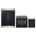 Forno 3-Piece Appliance Package - 36-Inch Galiano French Door Gas Range, 60-Inch Refrigerator, and Dishwasher in Black with Antique Brass Trim
