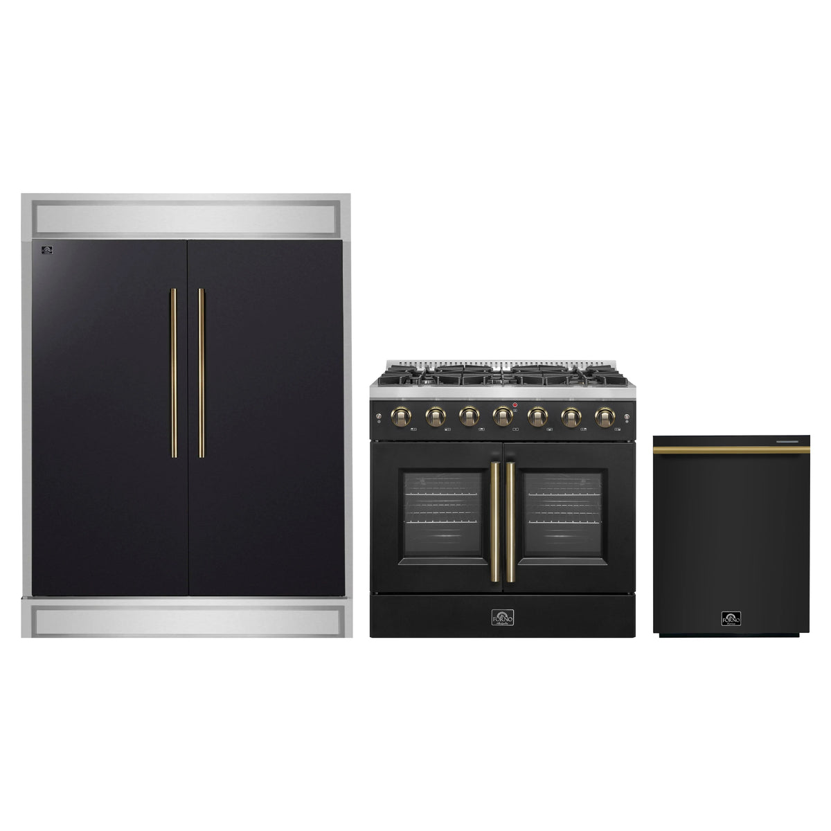 Forno 3-Piece Appliance Package - 36-Inch Galiano French Door Gas Range, 60-Inch Refrigerator, and Dishwasher in Black with Antique Brass Trim