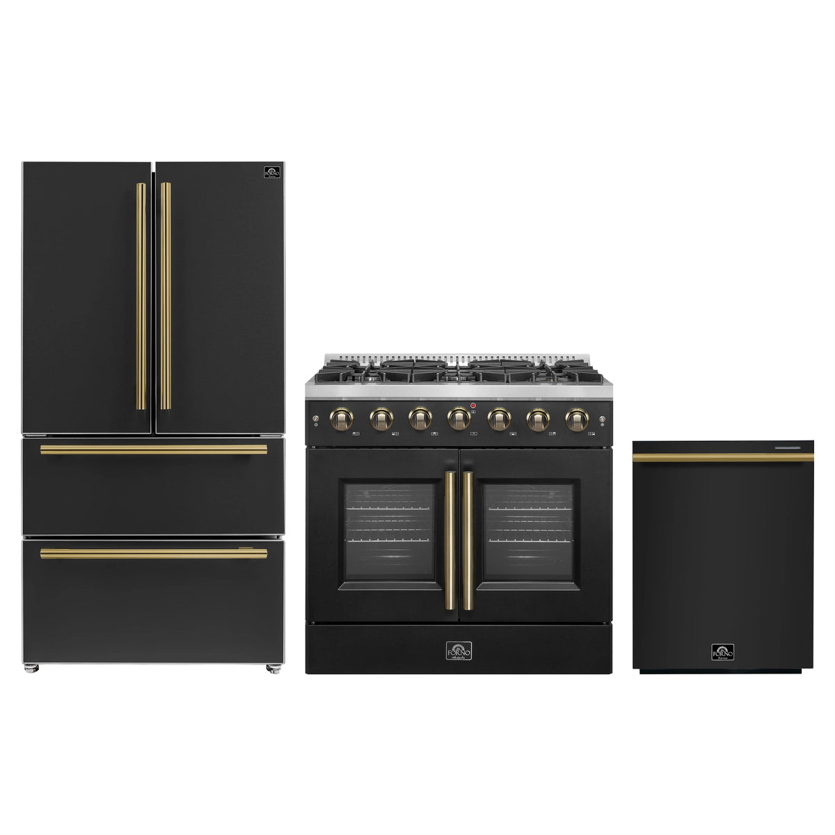 Forno 3-Piece Appliance Package - 36-Inch Galiano French Door Gas Range, 36-Inch Refrigerator, and Dishwasher in Black with Antique Brass Trim