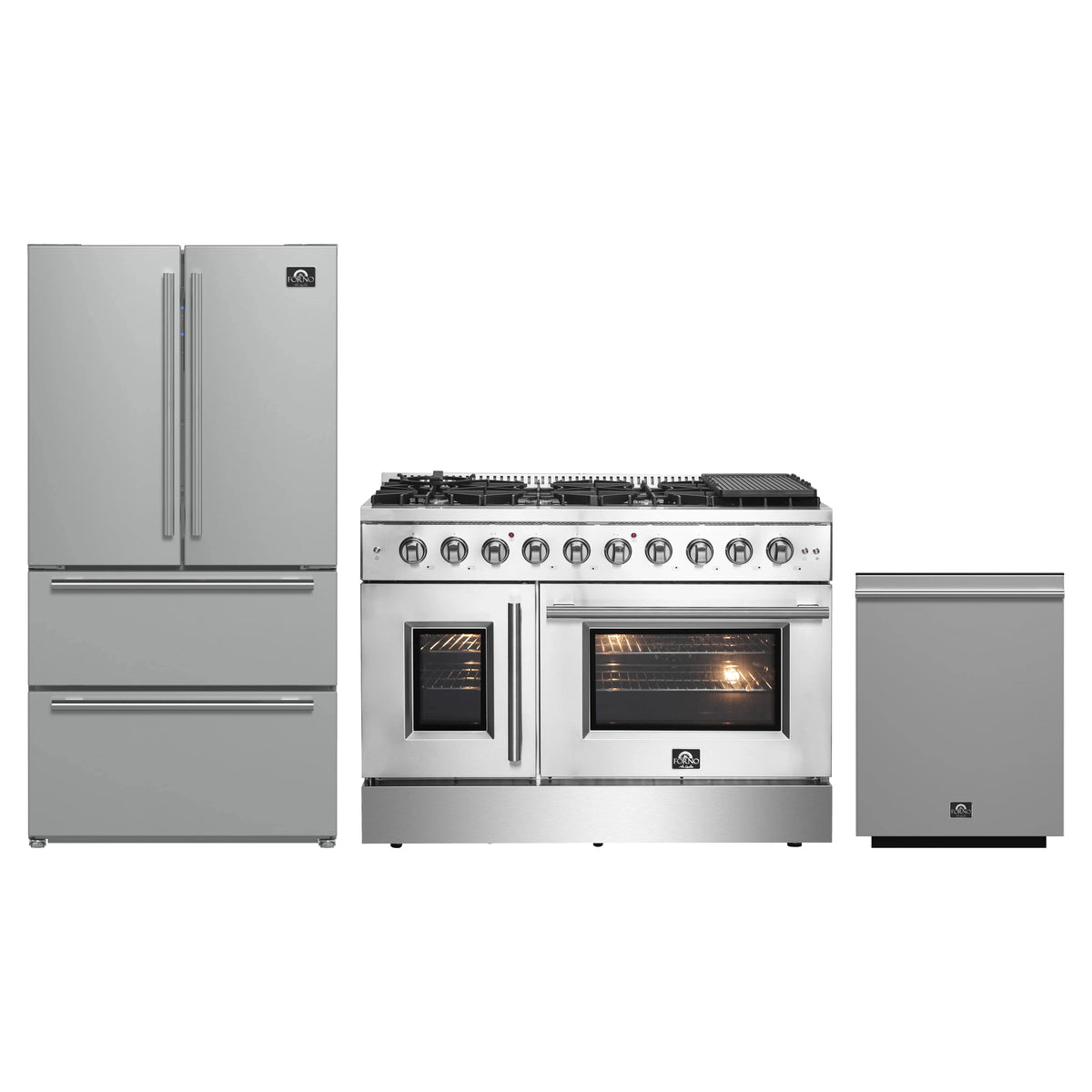 Forno 3-Piece Appliance Package - 48-Inch Galiano French Door Gas Range, 36-Inch Refrigerator, and Dishwasher in Stainless Steel