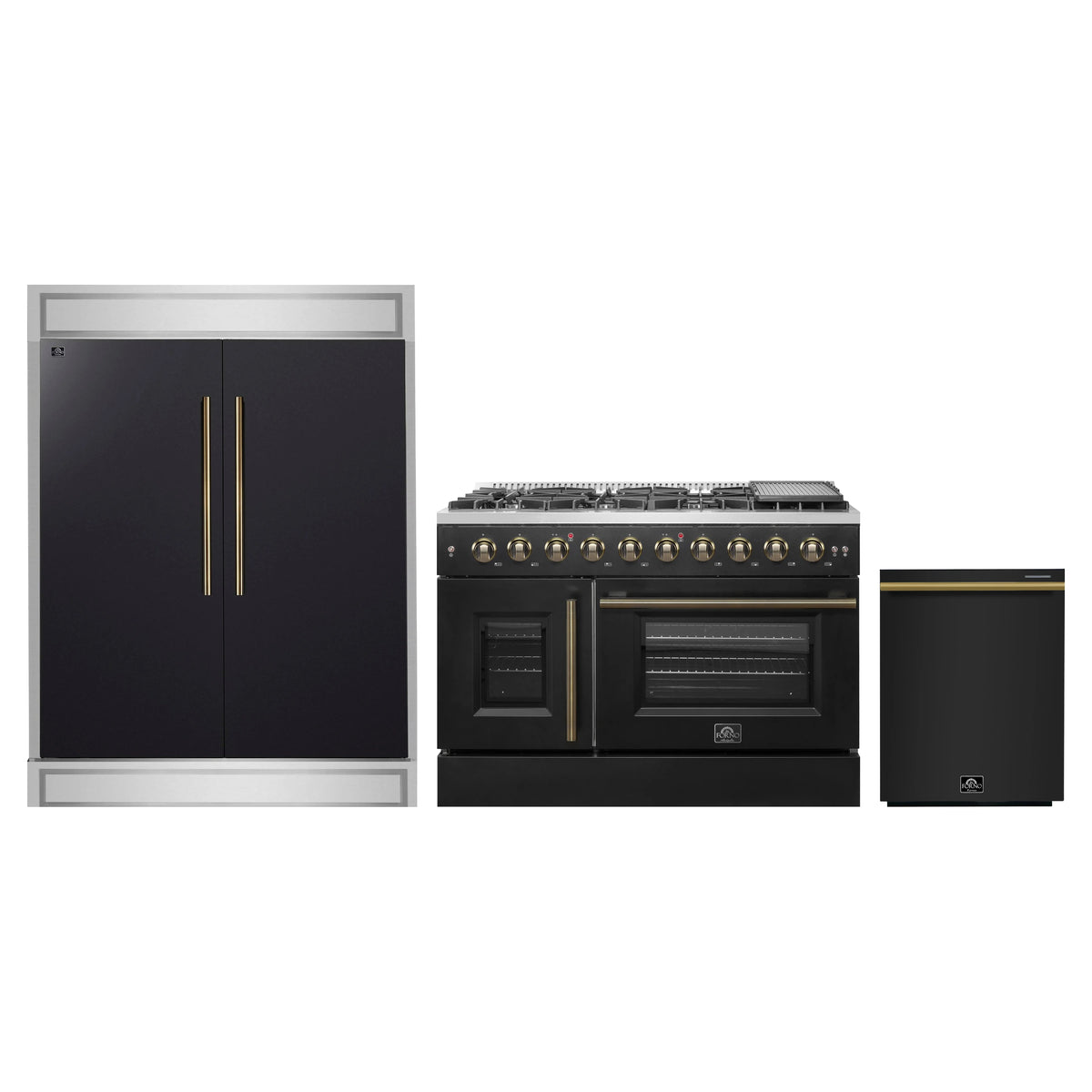 Forno 3-Piece Appliance Package - 48-Inch Galiano French Door Gas Range, 60-Inch Refrigerator, and Dishwasher in Black with Antique Brass Trim