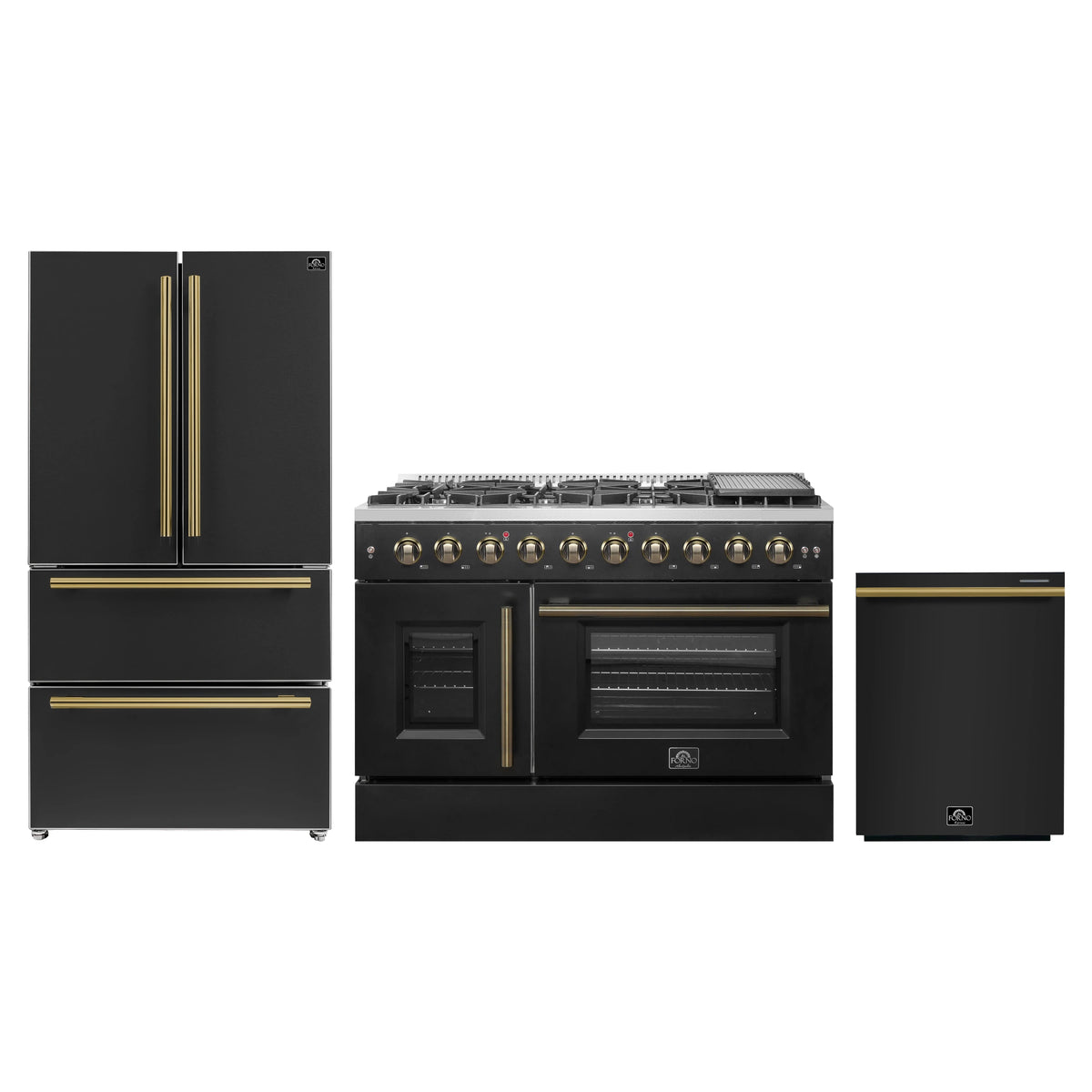 Forno 3-Piece Appliance Package - 48-Inch Galiano French Door Gas Range, 36-Inch Refrigerator, and Dishwasher in Black with Antique Brass Trim