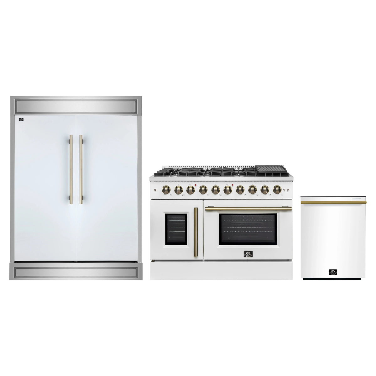 Forno 3-Piece Appliance Package - 48-Inch Galiano French Door Gas Range, 60-Inch Refrigerator, and Dishwasher in White with Antique Brass Trim