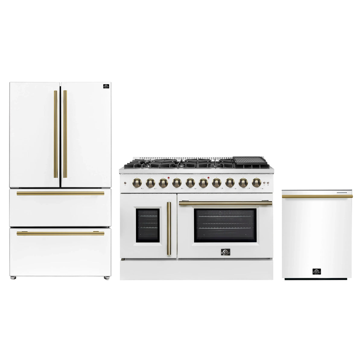 Forno 3-Piece Appliance Package - 48-Inch Galiano French Door Gas Range, 36-Inch Refrigerator, and Dishwasher in White with Antique Brass Trim