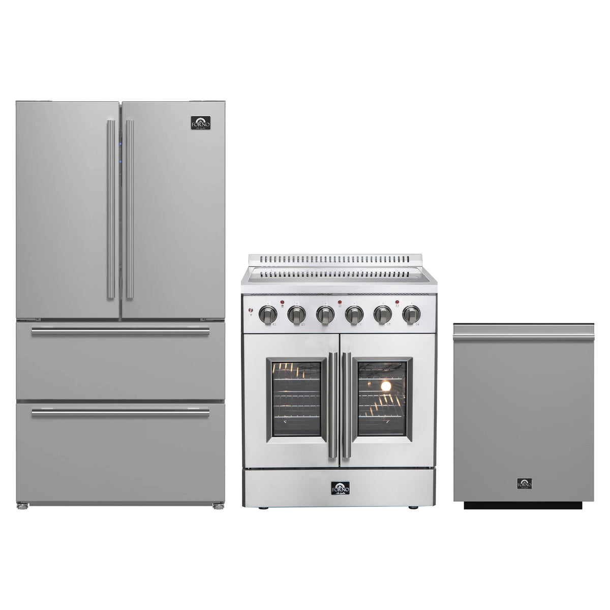 Forno 3-Piece Appliance Package - 30-Inch Galiano French Door Electric Range, 36-Inch Refrigerator, and Dishwasher in Stainless Steel