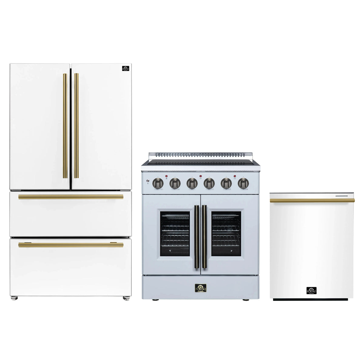 Forno 3-Piece Appliance Package - 30-Inch Galiano French Door Electric Range, 36-Inch Refrigerator, and Dishwasher in White with Antique Brass Trim