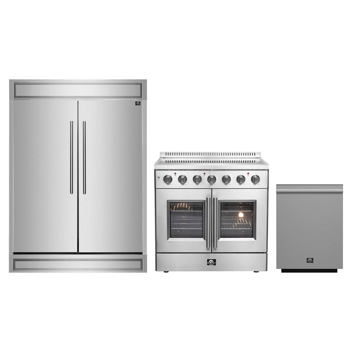Forno 3-Piece Appliance Package - 36-Inch Galiano French Door Electric Range, 60-Inch Refrigerator, and Dishwasher in Stainless Steel