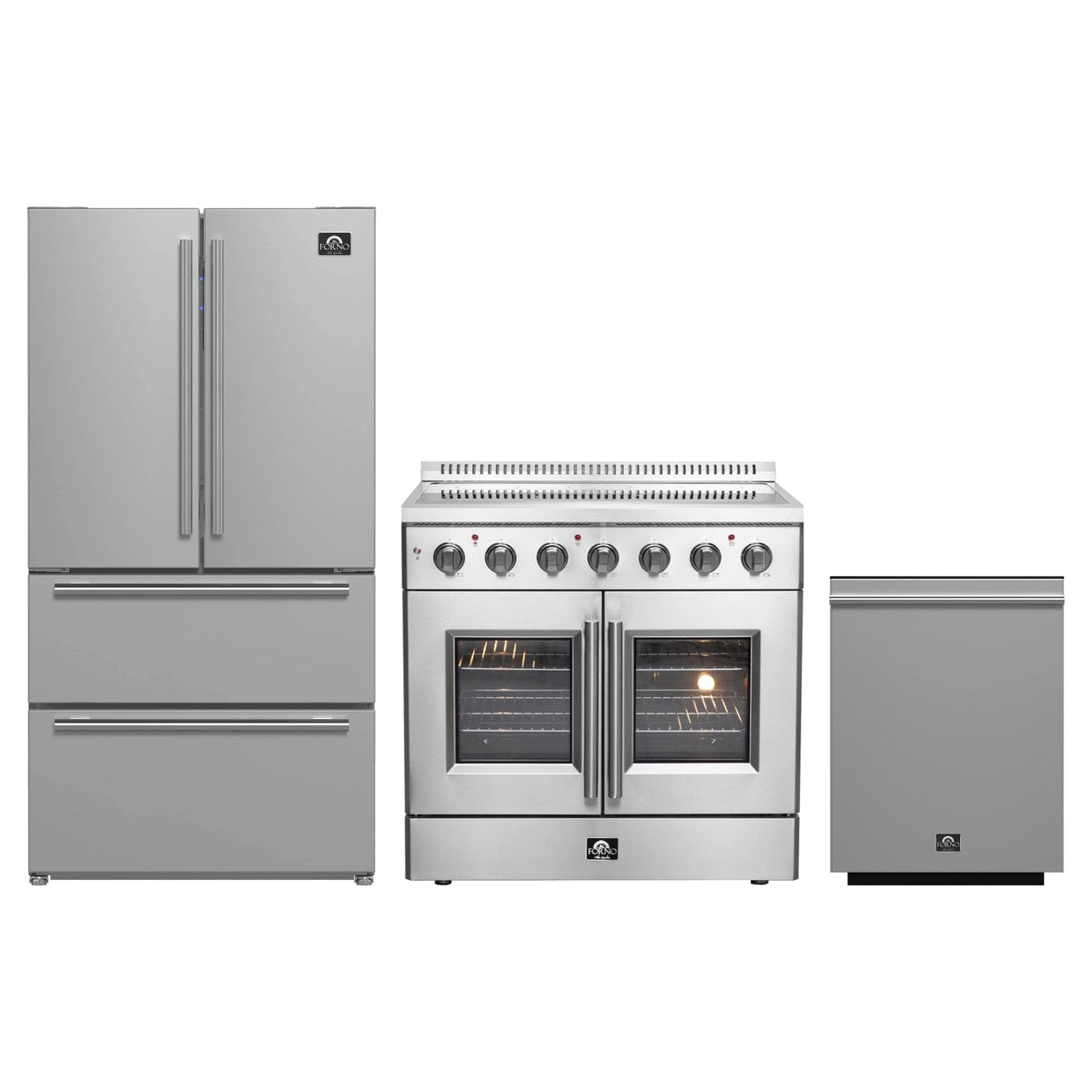 Forno 3-Piece Appliance Package - 36-Inch Galiano French Door Electric Range, 36-Inch Refrigerator, and Dishwasher in Stainless Steel