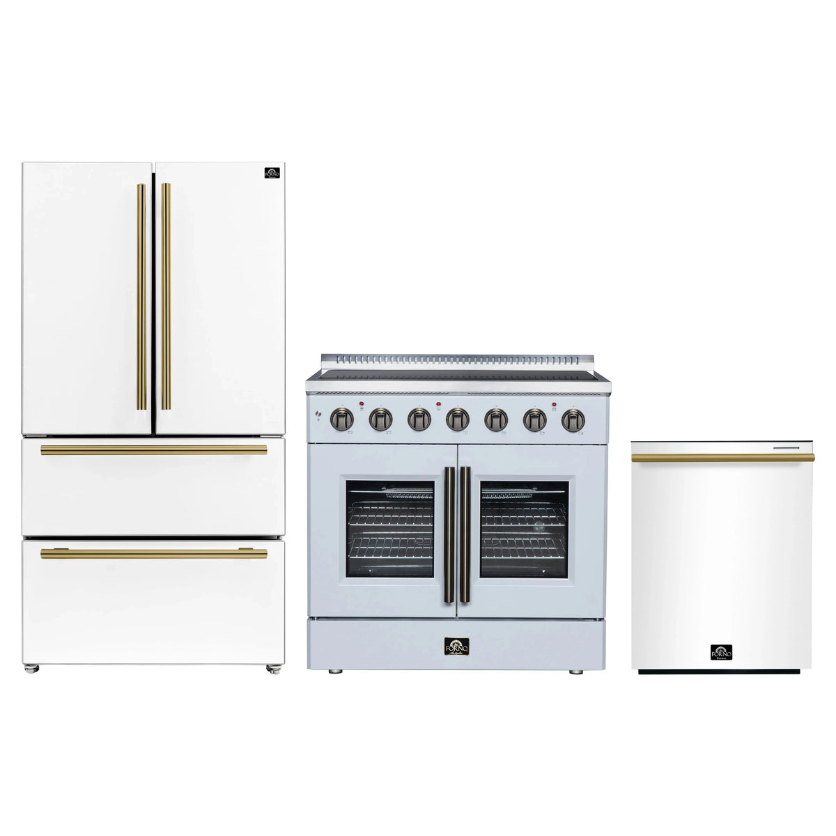 Forno 3-Piece Appliance Package - 36-Inch Galiano French Door Electric Range, 36-Inch Refrigerator, and Dishwasher in White with Antique Brass Trim