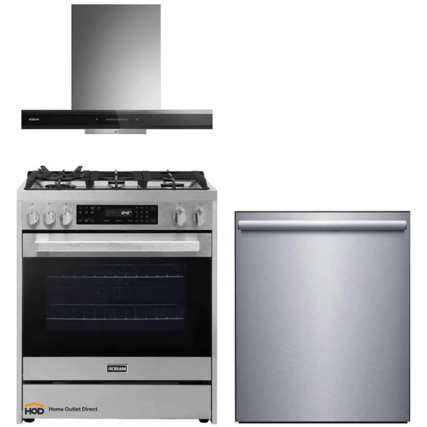 ROBAM 3-Piece Appliance Package - 30-Inch 5 Cu. Ft. Oven Freestanding Gas Range, Under Cabinet/Wall Mounted Range Hood and Dishwasher in Stainless Steel