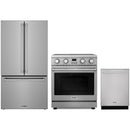 Stainless steel Thor Kitchen appliance package with 30-inch electric range, counter-depth refrigerator, dishwasher