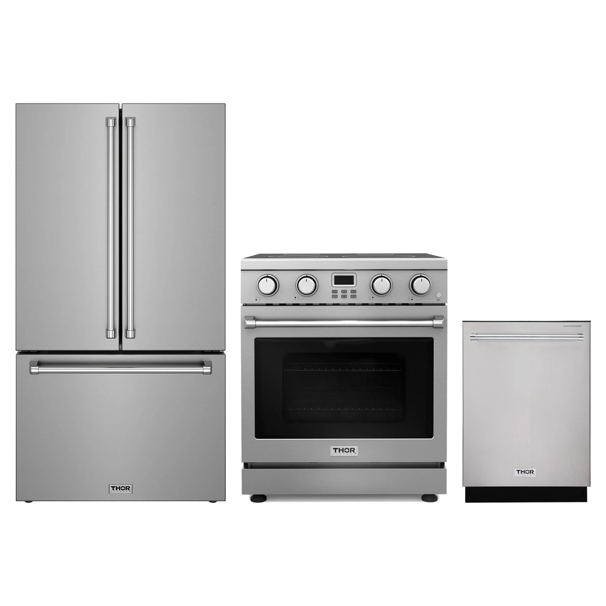 Thor Kitchen 3-Piece Appliance Package - 30-Inch Electric Range, Counter-Depth Refrigerator, & Dishwasher in Stainless Steel