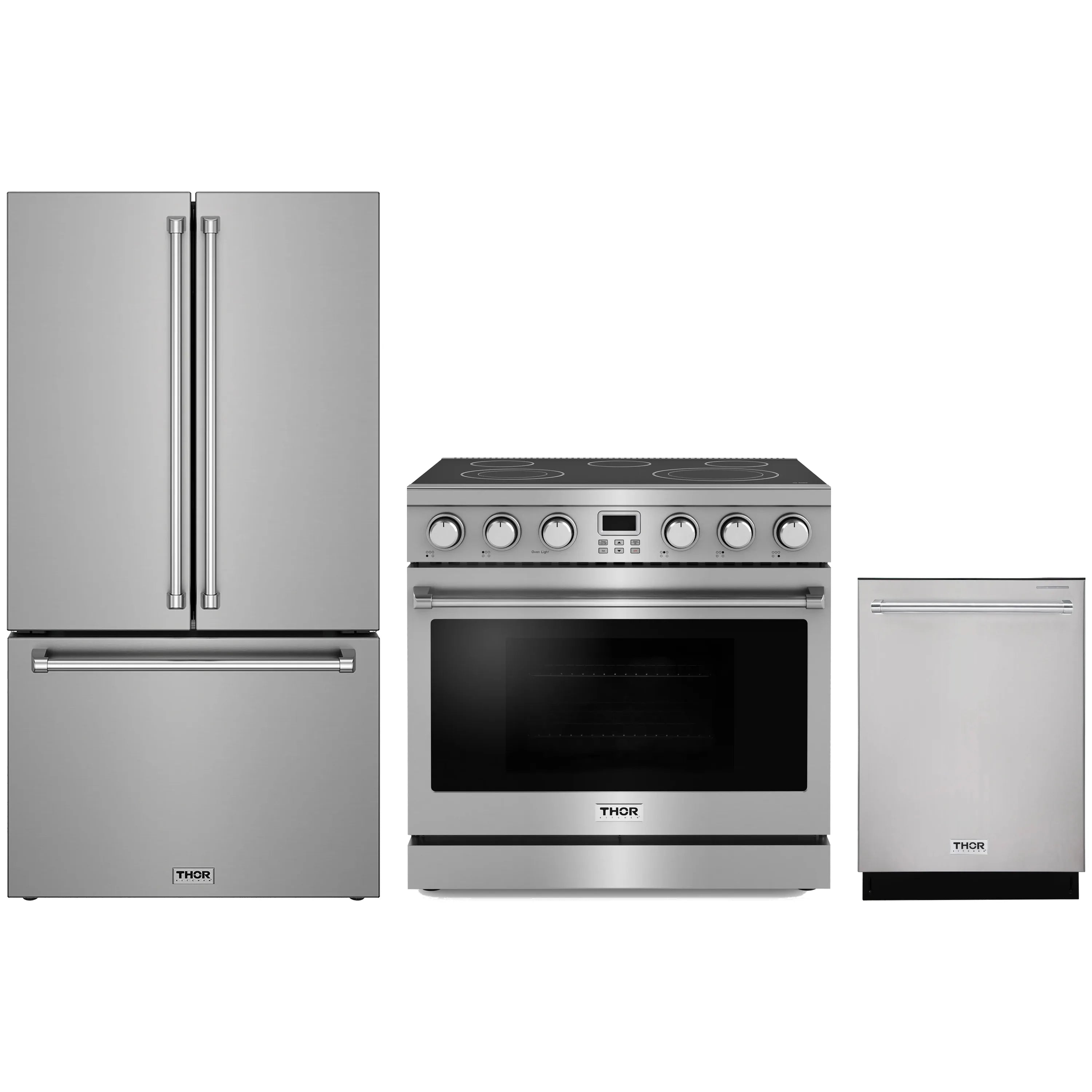 Stainless steel 3-piece appliance package with Thor range, refrigerator, and dishwasher