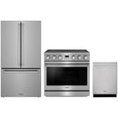 Stainless steel Thor Kitchen appliance package with 36-inch electric range, counter-depth refrigerator, dishwasher
