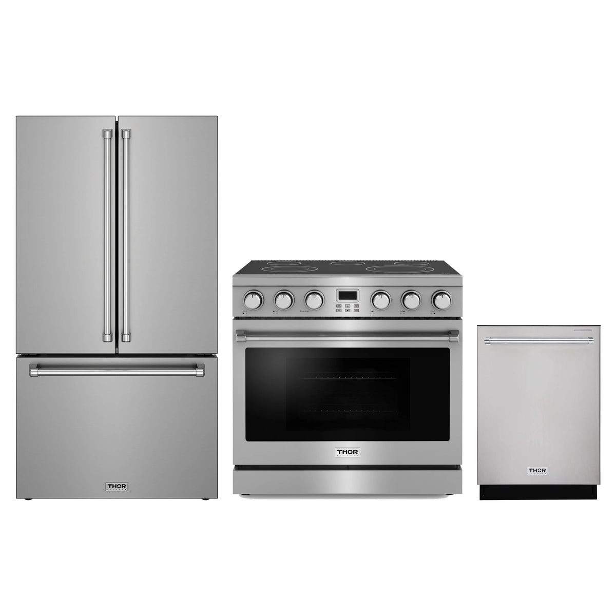 Thor Kitchen 3-Piece Appliance Package - 36-Inch Electric Range, Counter-Depth Refrigerator, & Dishwasher in Stainless Steel