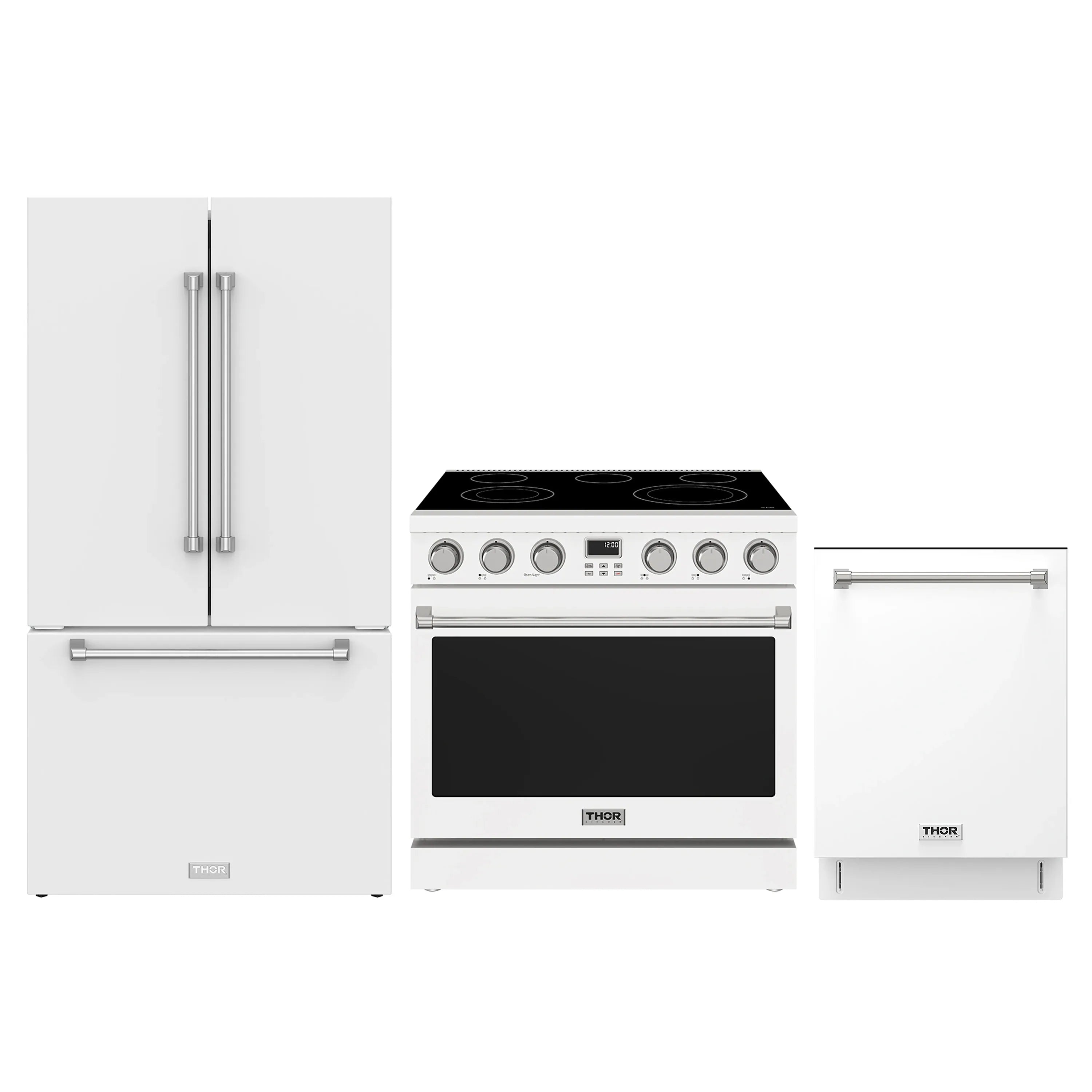 Appliance package showing a refrigerator, electric range, and dishwasher in white