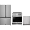 Stainless steel Thor Kitchen appliance package with 30-inch range, counter-depth refrigerator, dishwasher