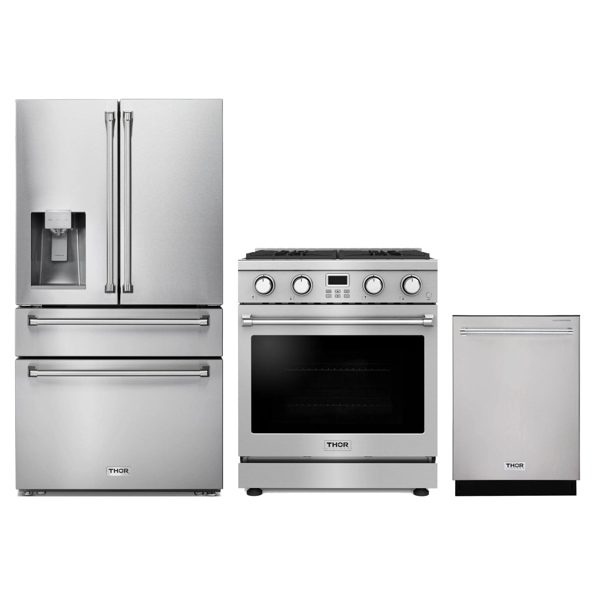 Thor Kitchen 3-Piece Appliance Package - 30-Inch Propane Gas Range, Refrigerator with Water Dispenser, & Dishwasher in Stainless Steel