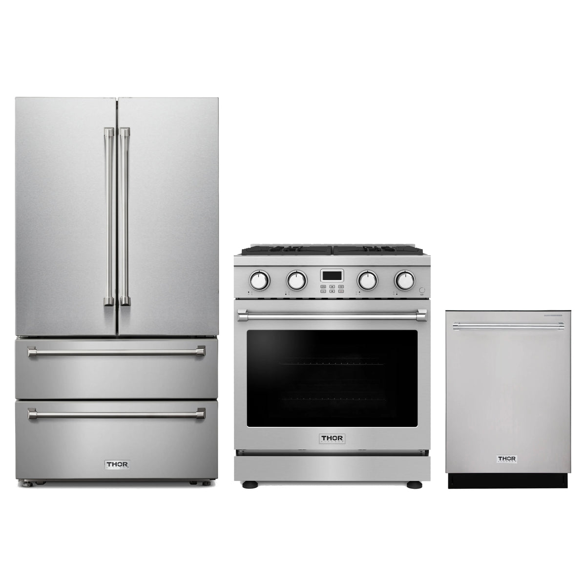 Thor Kitchen 3-Piece Appliance Package - 30-Inch Propane Gas Range, French Door Refrigerator, & Dishwasher in Stainless Steel