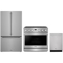 Stainless steel Thor Kitchen appliance package with 36-inch range, counter-depth refrigerator, dishwasher