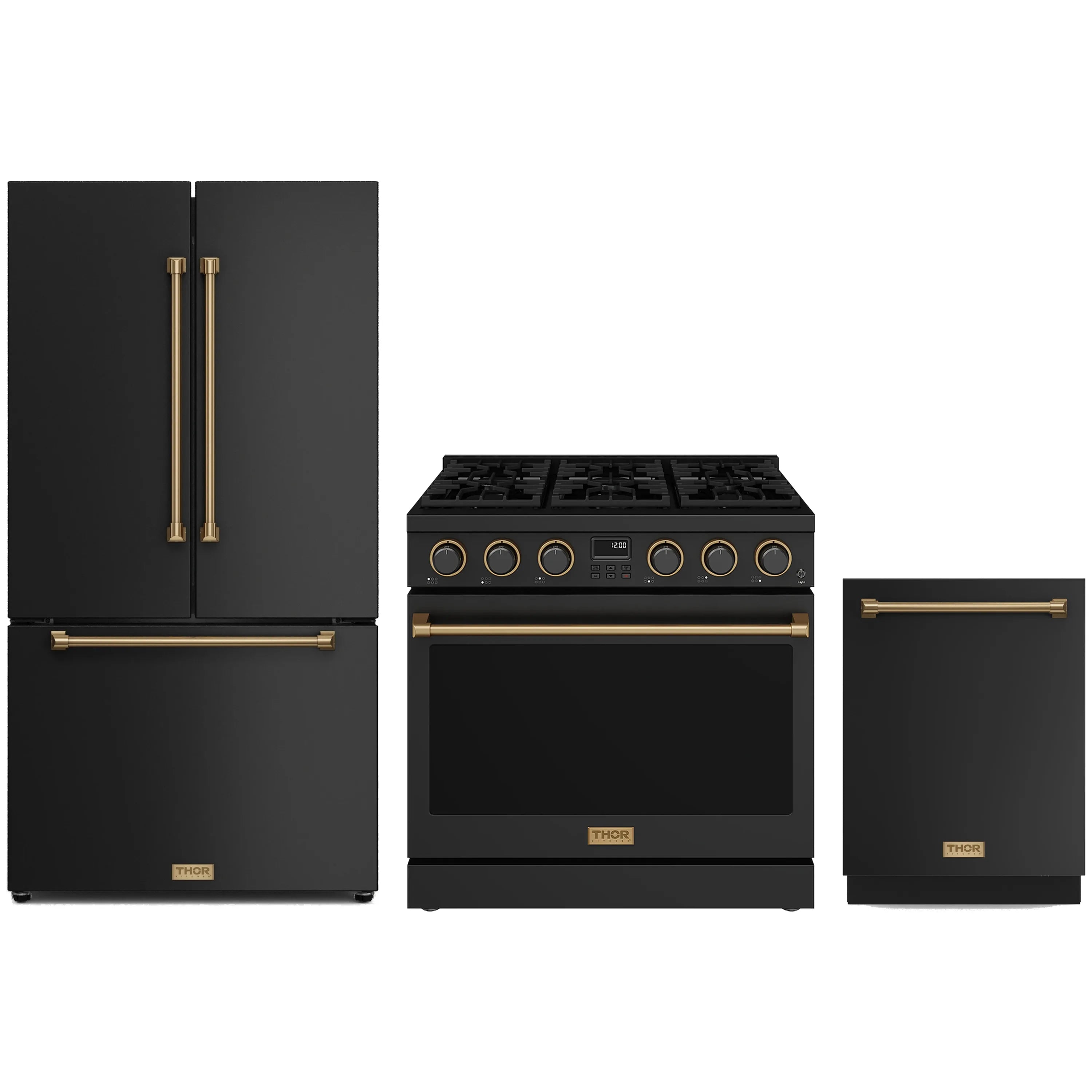 Black appliance package with bronze-trimmed refrigerator, gas range, and dishwasher