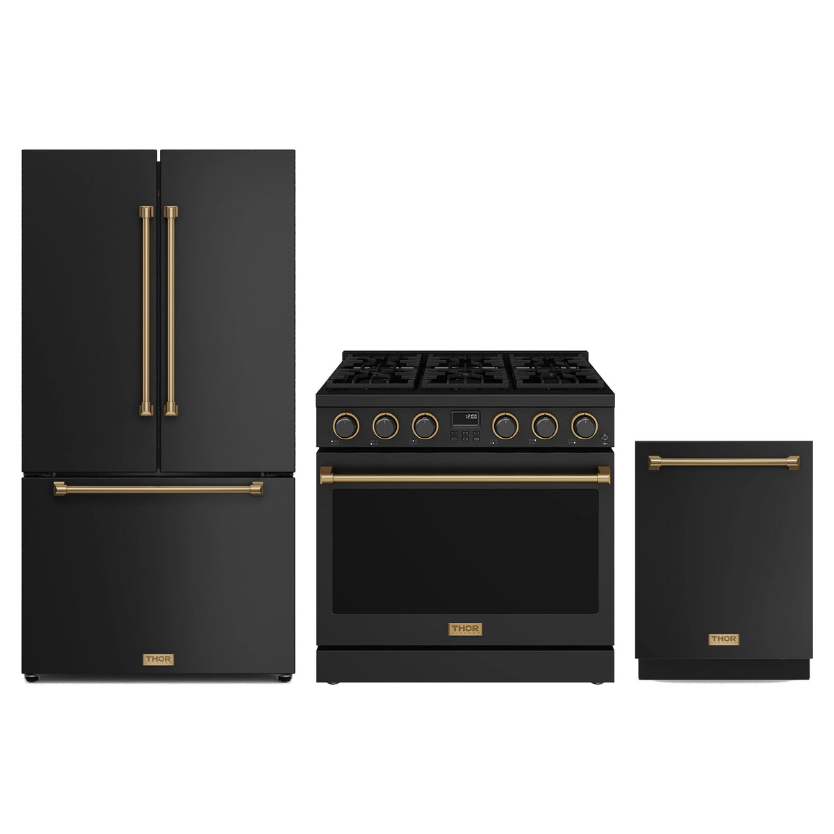 Thor Kitchen 3-Piece Appliance Package - 36-Inch Natural Gas Range, Counter-Depth Refrigerator, & Dishwasher in Black with Bronze Trim