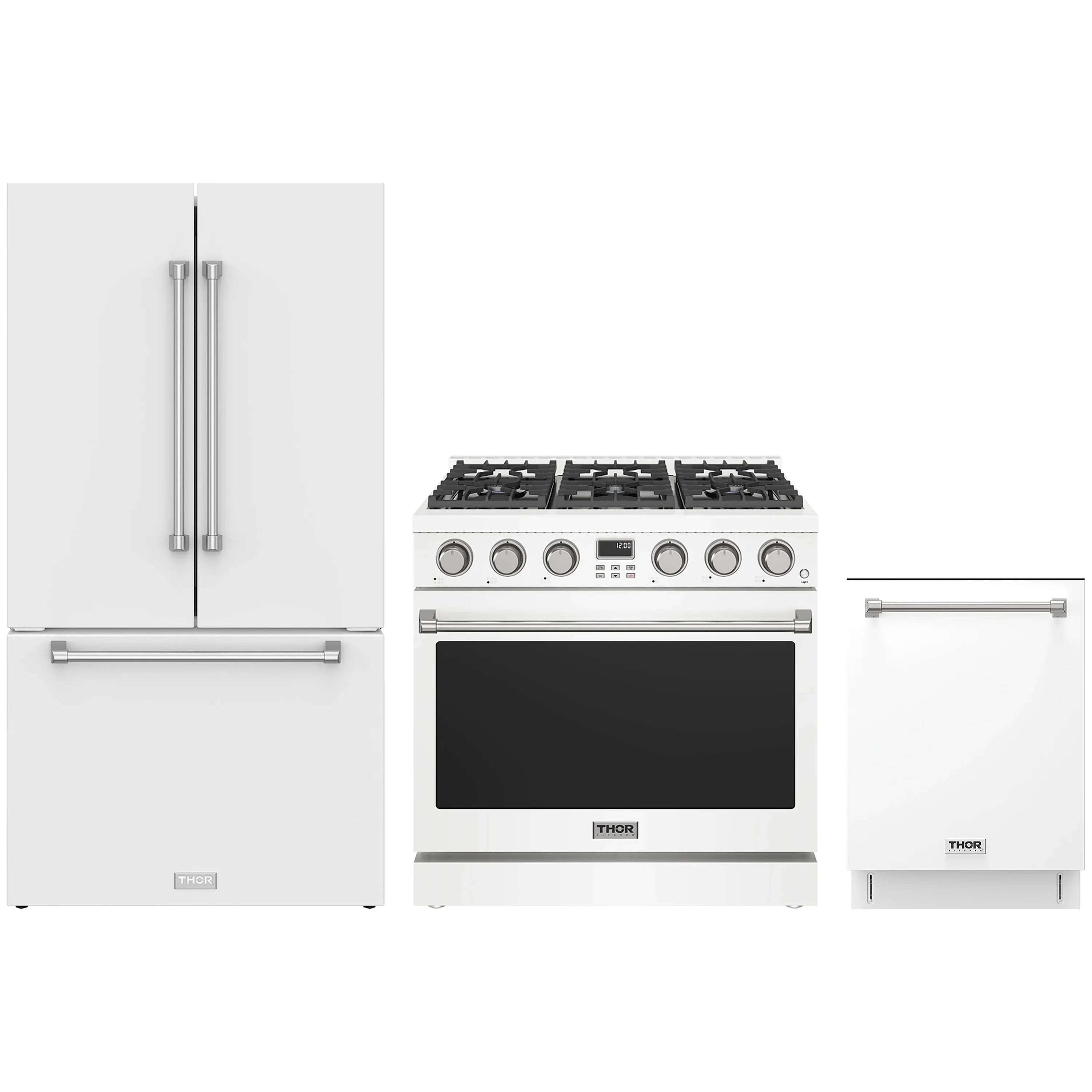 White appliance package: French-door refrigerator, gas range, and dishwasher