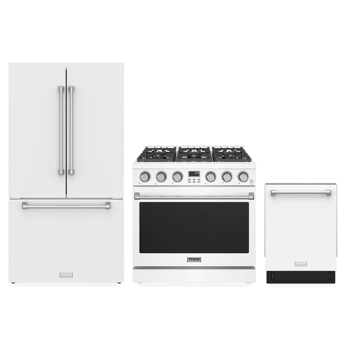 Thor Kitchen 3-Piece Appliance Package - 36-Inch Propane Gas Range, Counter-Depth Refrigerator, & Dishwasher in White