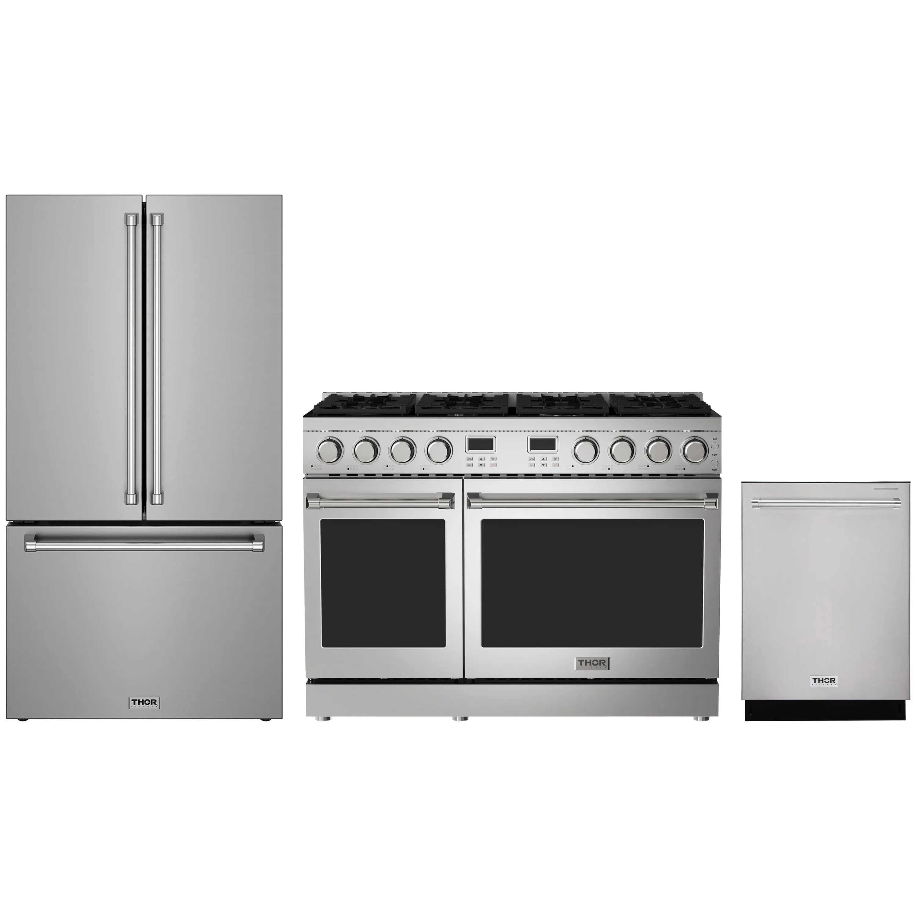 Stainless steel 3-piece appliance package with propane gas range, refrigerator, and dishwasher