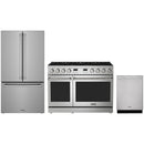 Stainless steel Thor Kitchen appliance package with 48-inch range, counter-depth refrigerator, dishwasher