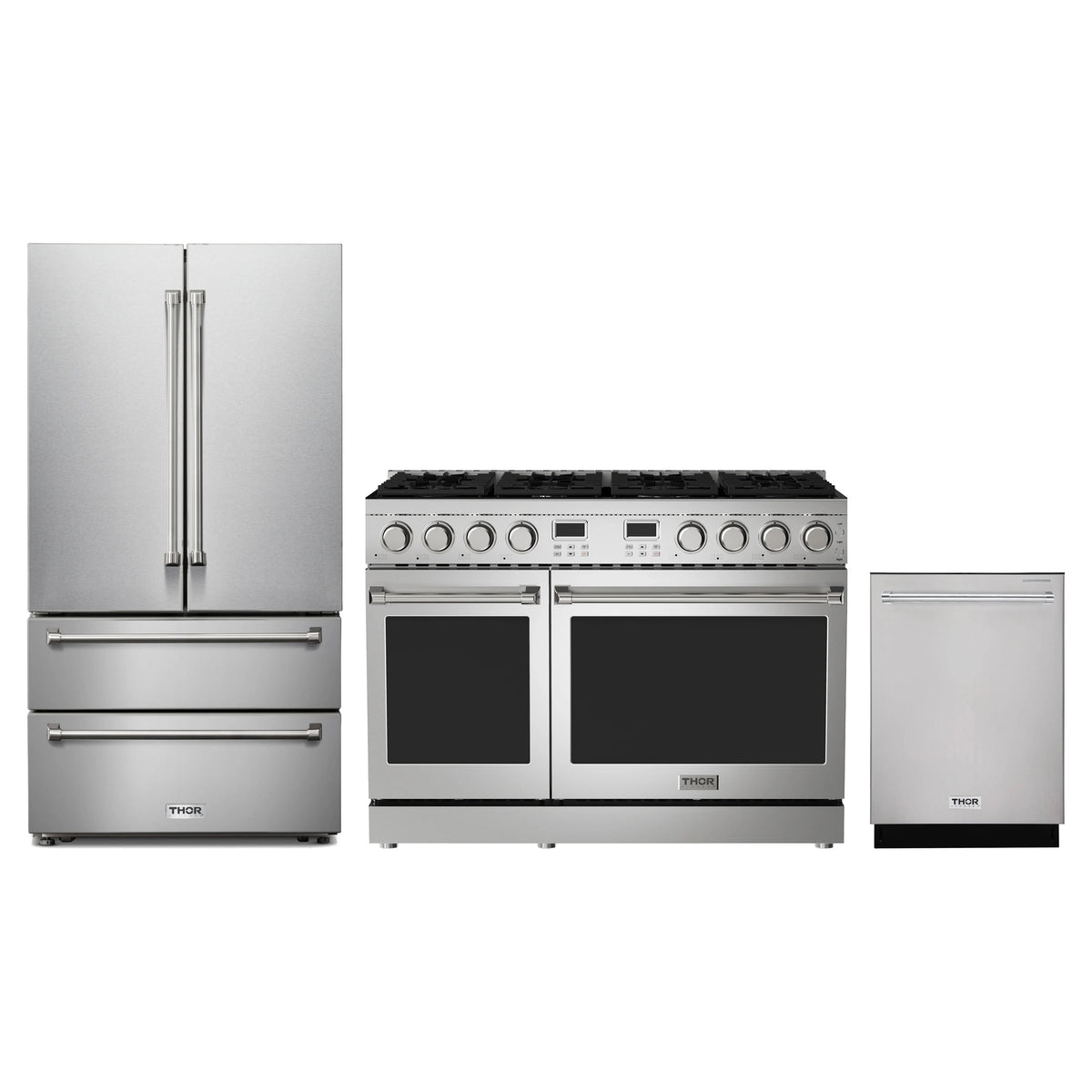 Thor Kitchen 3-Piece Appliance Package - 48-Inch Natural Gas Range, French Door Refrigerator, & Dishwasher in Stainless Steel