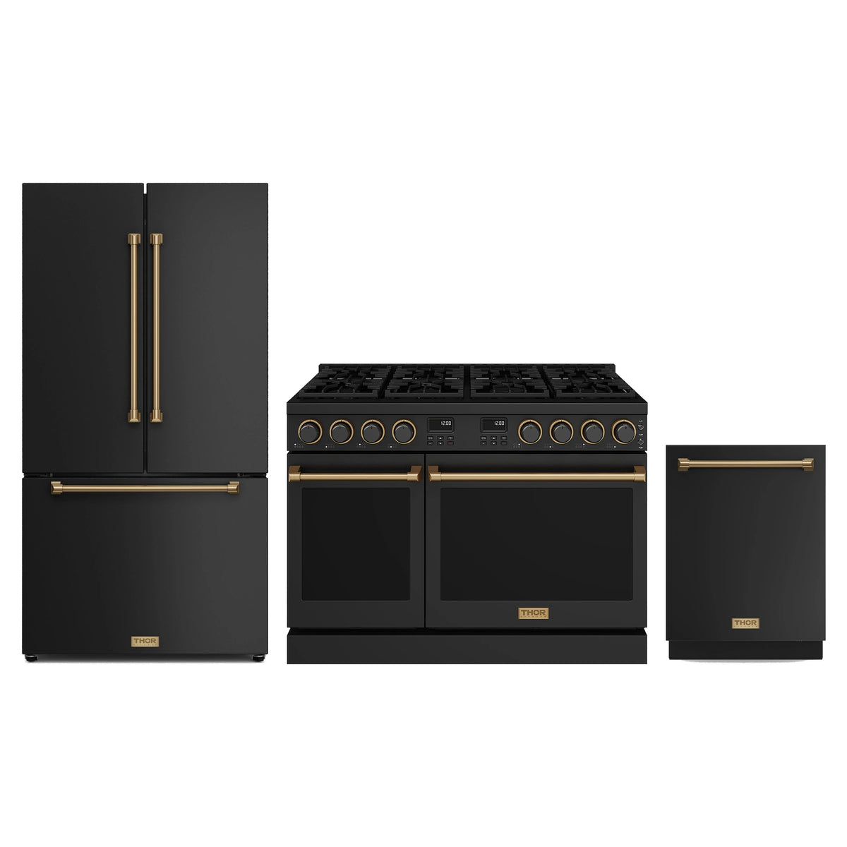 Thor Kitchen 3-Piece Appliance Package - 48-Inch Propane Gas Range, Counter-Depth Refrigerator, & Dishwasher in Black with Bronze Trim