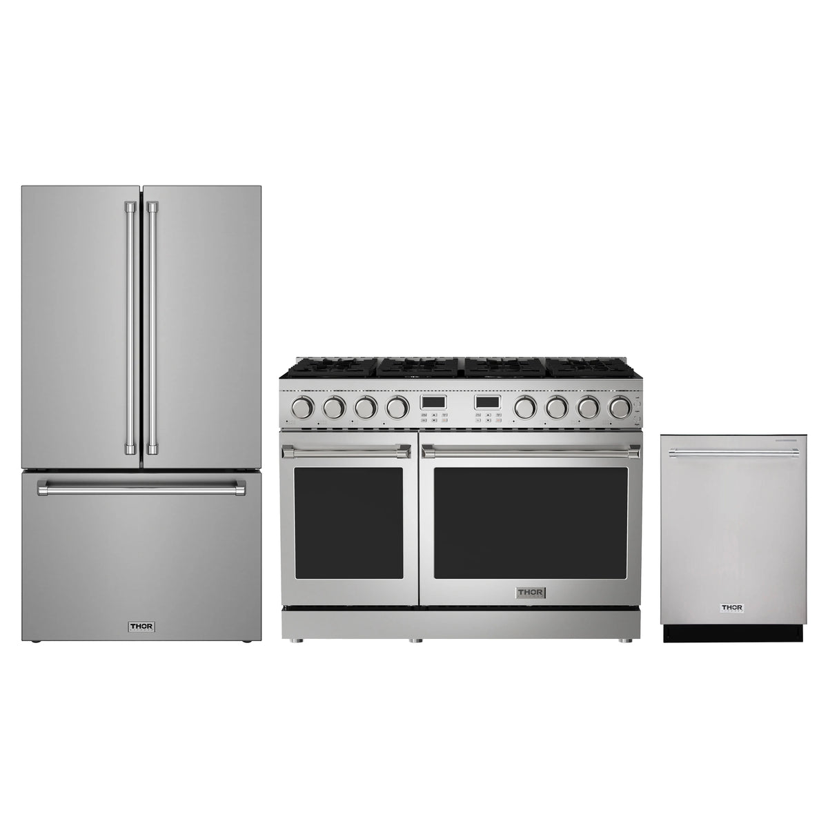 Thor Kitchen 3-Piece Appliance Package - 48-Inch Propane Gas Range, Counter-Depth Refrigerator, & Dishwasher in Stainless Steel